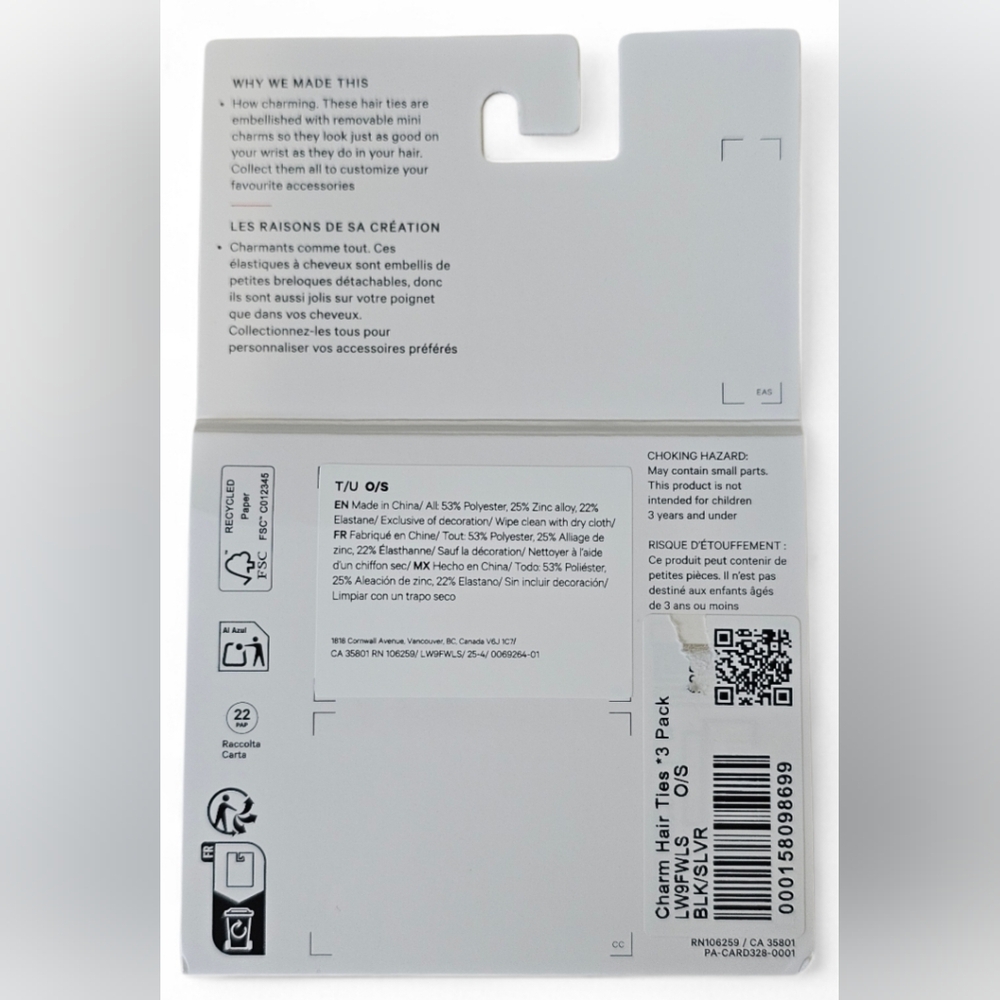 lululemon athletica Charm Hair Ties 3 Pack Black and Silver, New - Picture 2 of 2